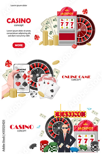 Casino set of site template concepts. Online game on mobile phone, rich people. Playing cards, slot machine, dices, chips. Vectors