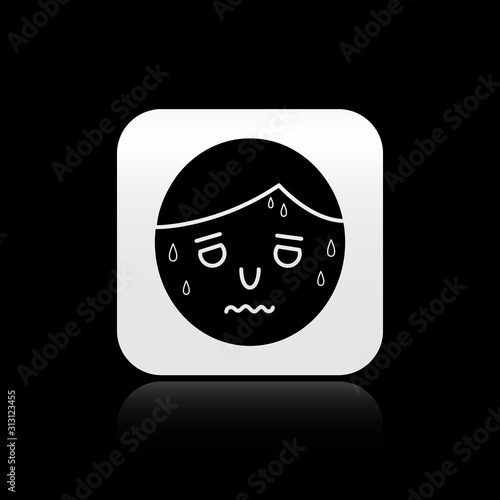 Black Man with excessive sweating icon isolated on black background. Silver square button. Vector Illustration