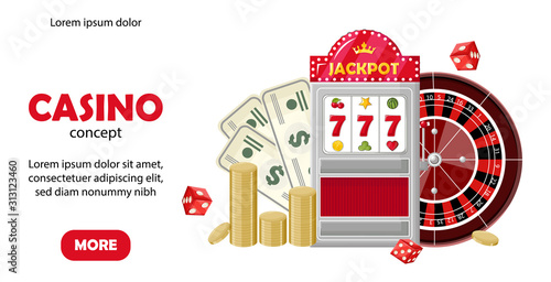 Casino site template concept. Triple seven jackpot on slot machine, roulette, coins and dollars. Playing cards, dices, chips. Vectors