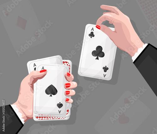 Woman with red nails playing cards. Reflections on backgrounds