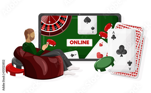 Man playing online casino with game objects on table