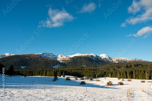 Mountain pasture meadow covered with snow during the day.