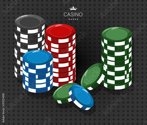 Casino chips of various colors. Red, black, green and blue. Dark pattern on background. Vectors