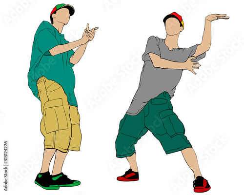 Hip hop artists whit microphone in trendy colorful clothes. Isolated silhouettes of people on white background