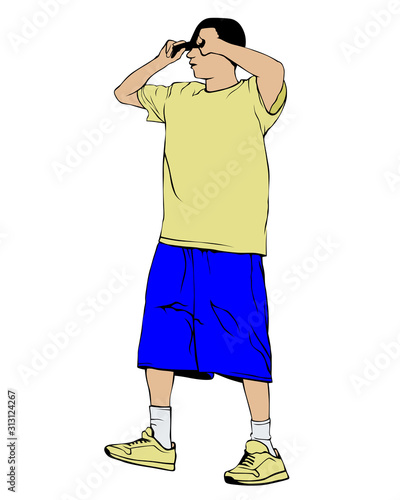 Hip hop artists whit microphone in trendy colorful clothes. Isolated silhouettes of people on white background