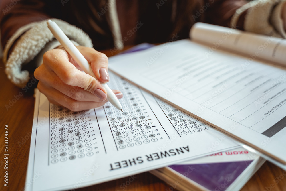 Obraz premium Young female person completing task before exams