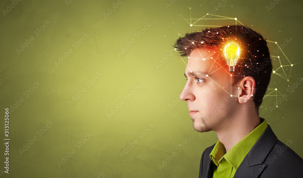 Head with new idea, lighting bulb and networking concept Head with new idea, lighting bulb and networking concept