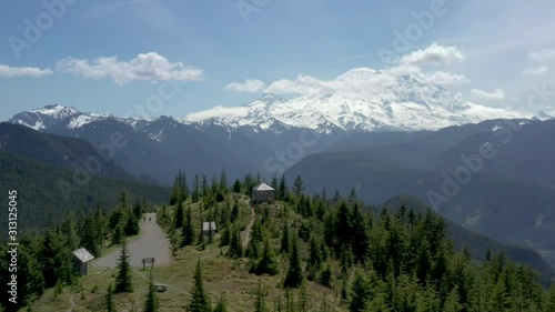 Aerial view of Suntop forest lookout with mt rainier photo