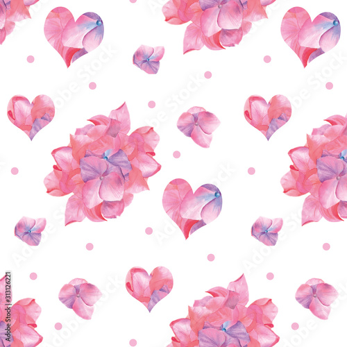 Hand painted seamless pattern with pink hearts and floral elements. Watercolor hydrangea for clothes, napkin or wrapping paper design. Useful for greeting card to celebration of born of daughter
