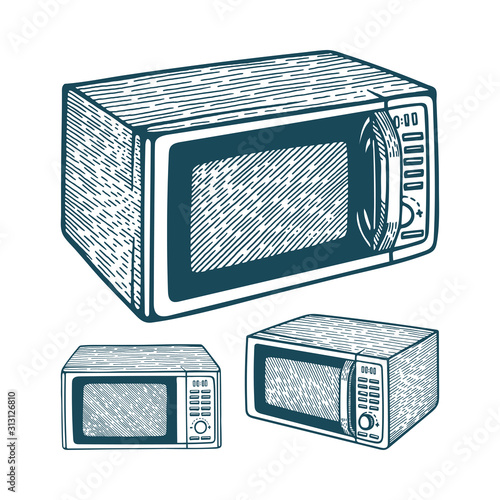Microwave oven. Hand drawn microwave oven illustrations isolated on white background. Microwave oven sketch drawing collection. Part of set.