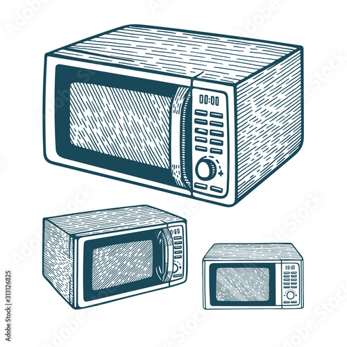 Microwave oven. Hand drawn microwave oven illustrations isolated on white background. Microwave oven sketch drawing collection. Part of set.
