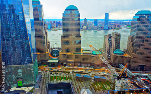 Aerial cityscape to National September 11 Memorial - 9 11 - of Financial District in Lower Manhattan. New York city. Skyline, USA. American building. Panoramic view. Panorama of Metropolis NYC