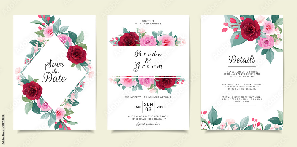 Set of card with flowers. Elegant invitation template set with floral  frame. Roses and leaves botanic illustration for wedding card, background,  save the date, greeting, poster, cover, event vector Stock Vector |