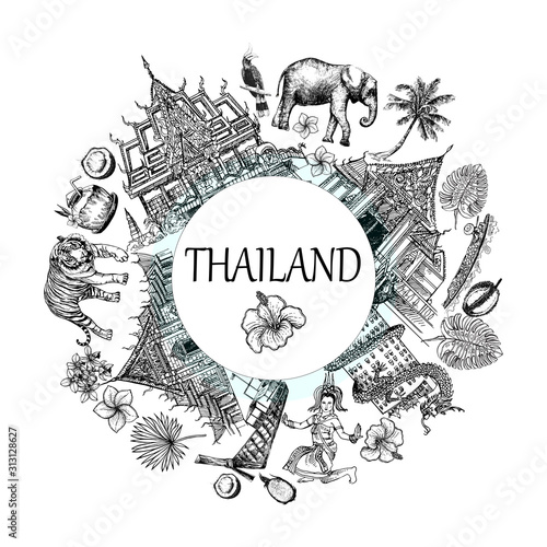 Poster card composition of hand drawn sketch style Thailand related objects isolated on white background. Vector illustration.