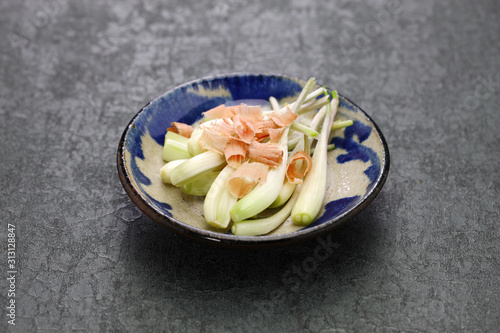 shima rakkyo, pickled okinawa shallot with katsuobushi, japanese food photo