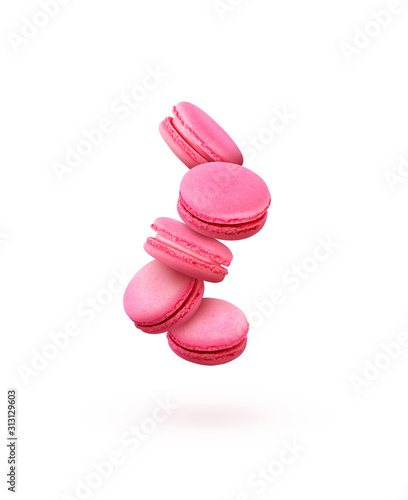 French macaroons. All pink cookies on a white background. Colorful pink macaroons.