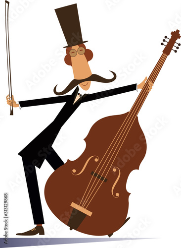 Cartoon long mustache cellist isolated illustration.  Smiling mustache man in the top hat with cello and fiddlestick isolated on white