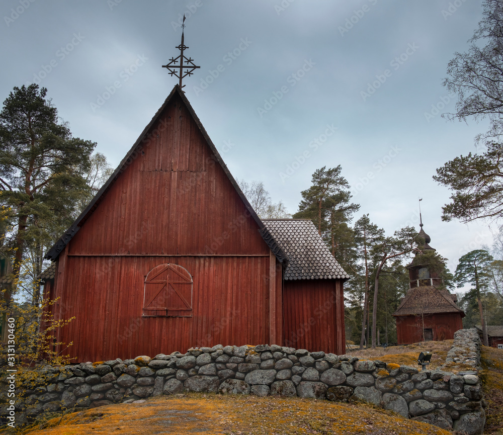 Φωτογραφία Helsinki Finland Kirche wooden church and house  in the open air park museum  in