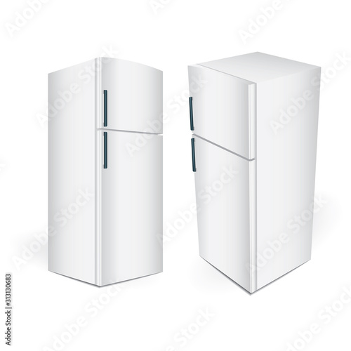 Refrigerator. Double door refrigerator. Realistic top mount refrigerator illustrations isolated on white background. Part of set.
