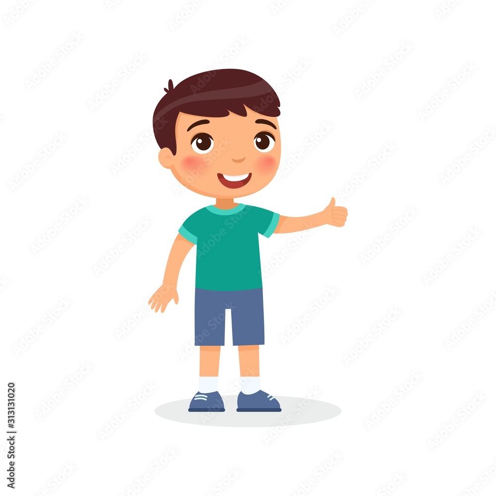 Cute boy showing thumbs up gesture color flat vector illustration. Happy little kid. Smiling toddler, preteen child cartoon character isolated on white background