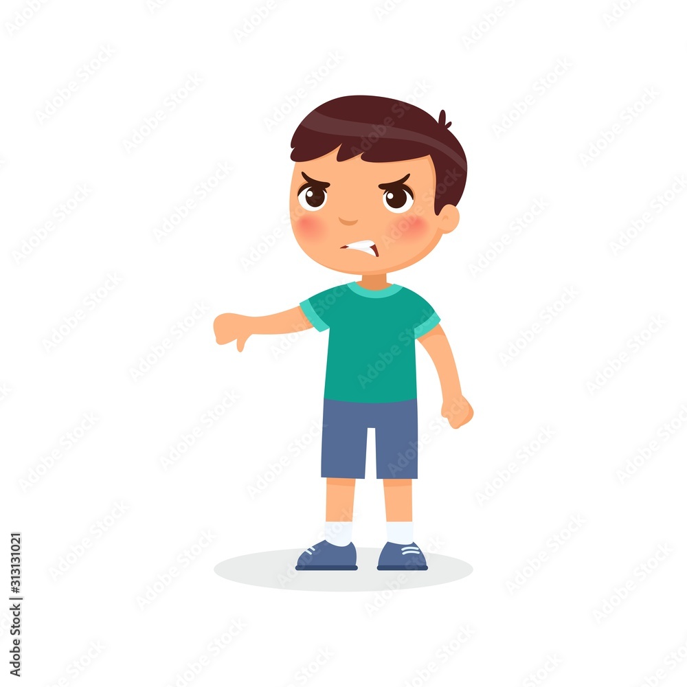 Little boy showing thumb down gesture flat vector illustration. Upset child standing alone cartoon character. Person negative emotion, disagreement expression isolated on white background
