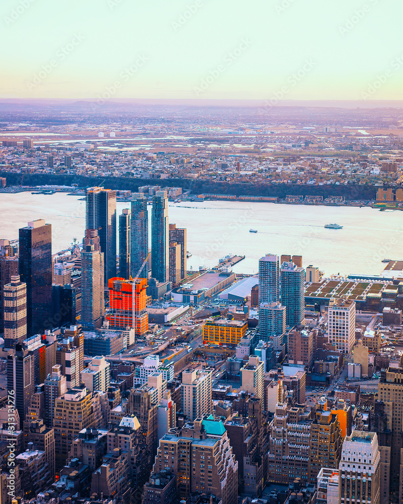 Aerial panoramic view to Downtown Manhattan and Lower Manhattan New York, USA. Skyline with skyscrapers. New Jersey City. American architecture building. Panorama of NYC. Manhattan West. Hudson River
