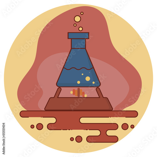 Stylish retort with liquid on a gas burner. Bubbles rise.