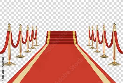 Red carpet on stairs with red ropes on golden stanchions