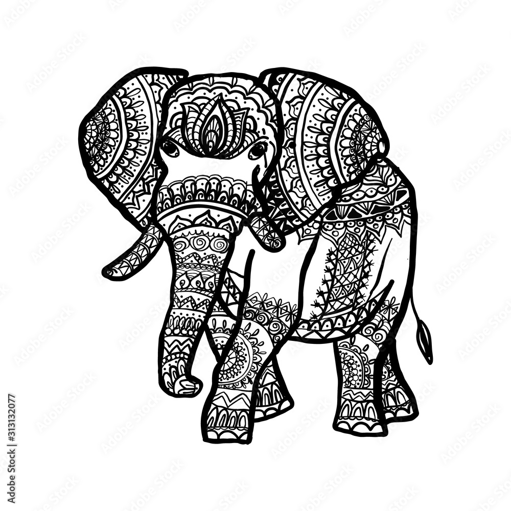 Naklejka premium The figure of an elephant with doodles ornaments. Drawn by hand.