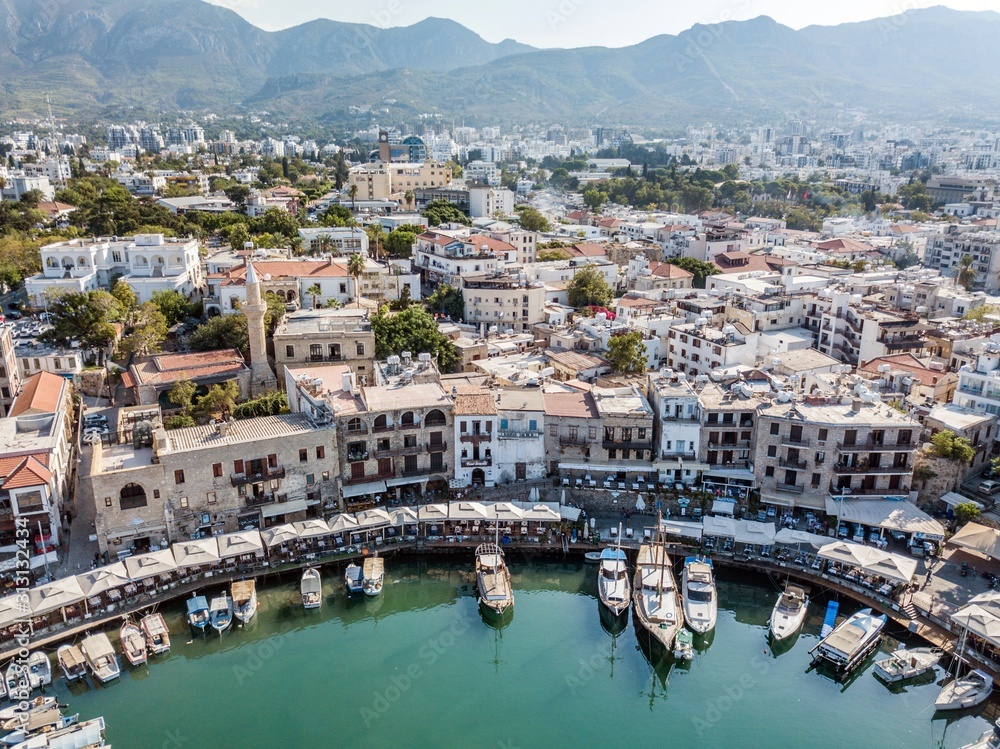 Aerial view of Sea port and Old Town of Kyrenia (Girne) is a city on the north coast of Cyprus.