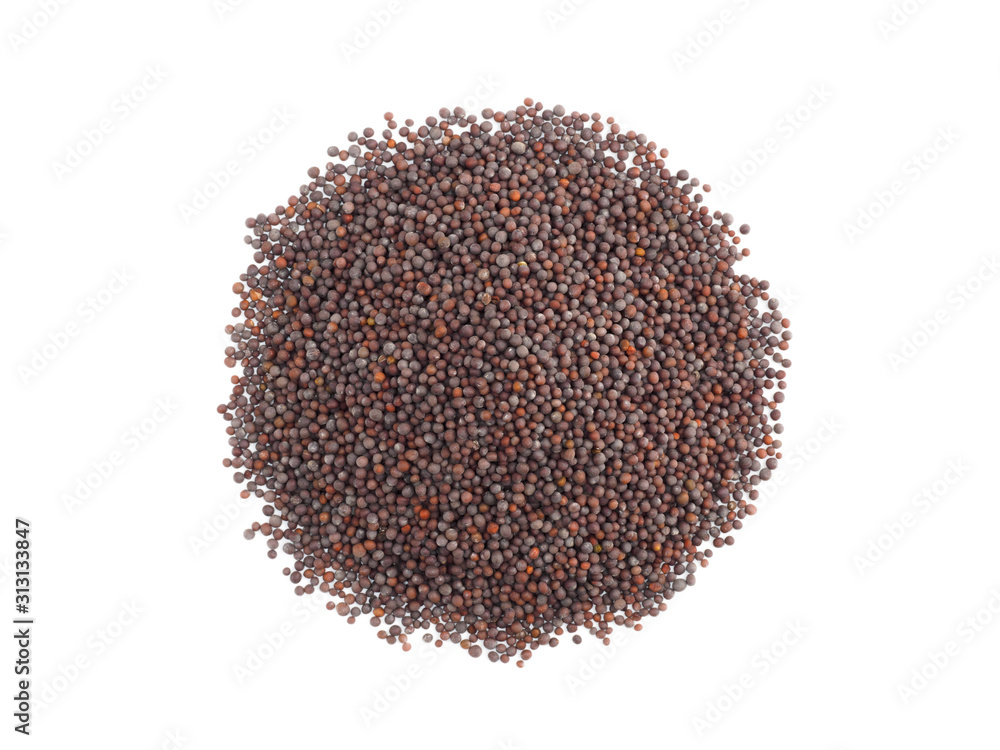 A round bunch of mustard seeds on white isolated background. Indian cuisine, ayurveda, naturopathy concept A round bunch of mustard seeds on white isolated background. Indian cuisine, ayurveda, naturopathy concept