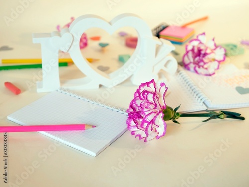 Fresh pink carnations, a set of letters, hearts, blank notebooks, frames, paper, the inscription mom, pencils on a light background, top view, getting ready to congratulate on Women's Day