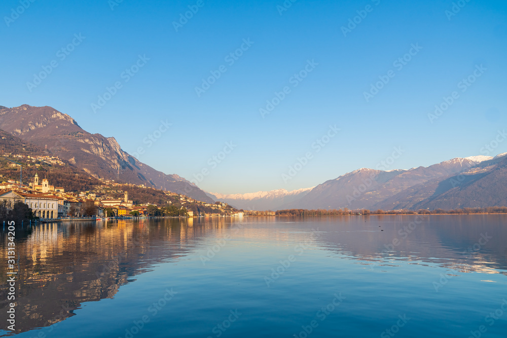 beautiful view of Iseo lake from the city of Lovere with copy space,Bergamo,Lombardy Italy.