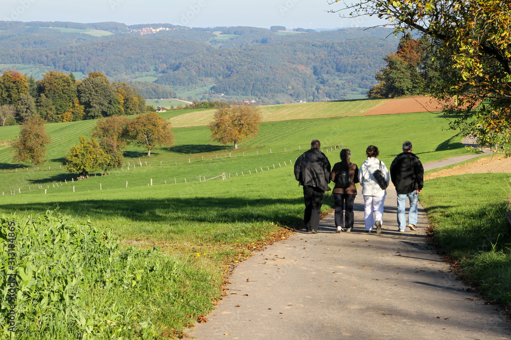 Fototapeta premium Zwei Pärchen auf Wanderung im Odenwald in Deutschland