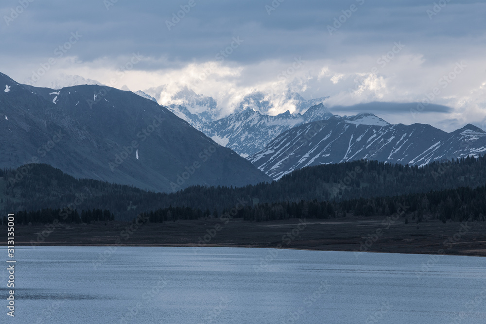 Belukha snow mountains and Yazovoe lake beautiful landscape of Kazakhstan