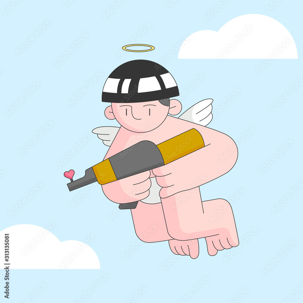 Cupid bring love weapon flying in the sky with cloud around him.