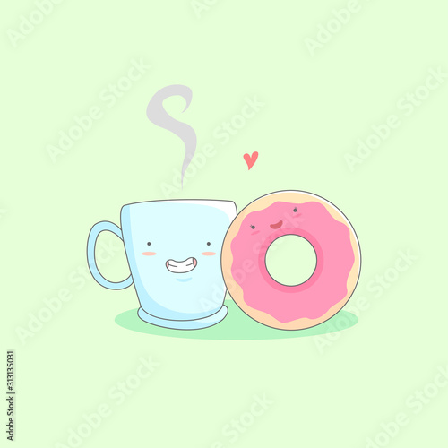 A cup of coffee and a donuts love cartoon illustration