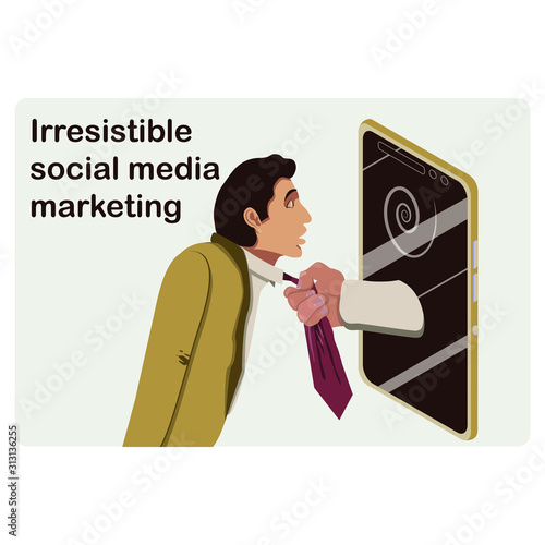 Key opinion leader or social media madness, gadget addiction concept. Rough irresistible internet marketing. Hand from smart phone pulls a man into virtual space using his tie. Vector flat cartoon.