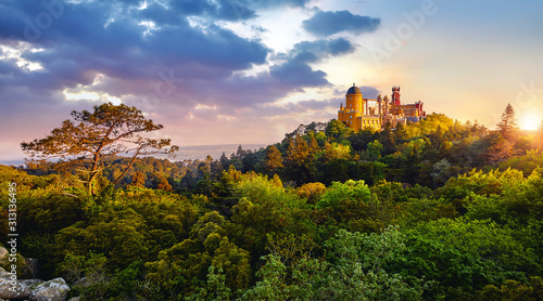 Sintra, Portugal. National park with Palace of Pena. Sunrise among green trees of forest with pine-trees and stones. Panoramic summer view at palace with sunlight and clouds on the sky.