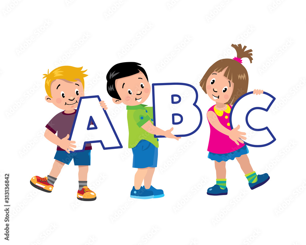 Children set. Smiling three kids with letters ABC