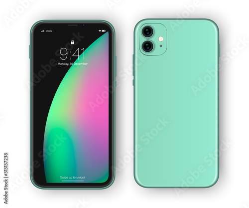 high detailed realistic green smartphone back and front view. duo camera on the back side of the phone. frameless trendy cellphone