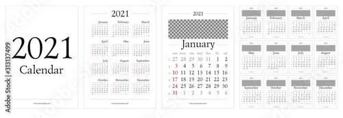Classic gregorian calendar for 2021 year. A4 page 210x297mm. Week start sunday, elegant grid with Roman type, english language. Editable vector template for web and print design. photo