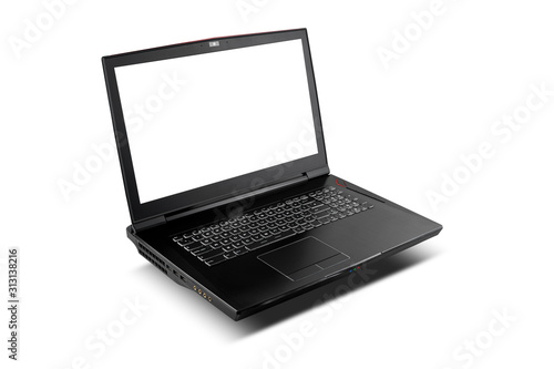 Front view of gaming laptop with shadow on white isolated background. Laptop designed for gamers or professional players or 3d rendering