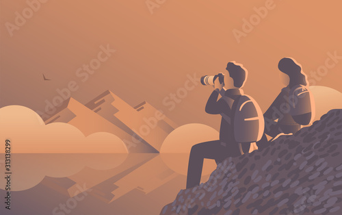A man and a woman travel through the wild with a camera. Evening landscape by the lake with mountains and fog. An eagle flies far away. Vector illustration
