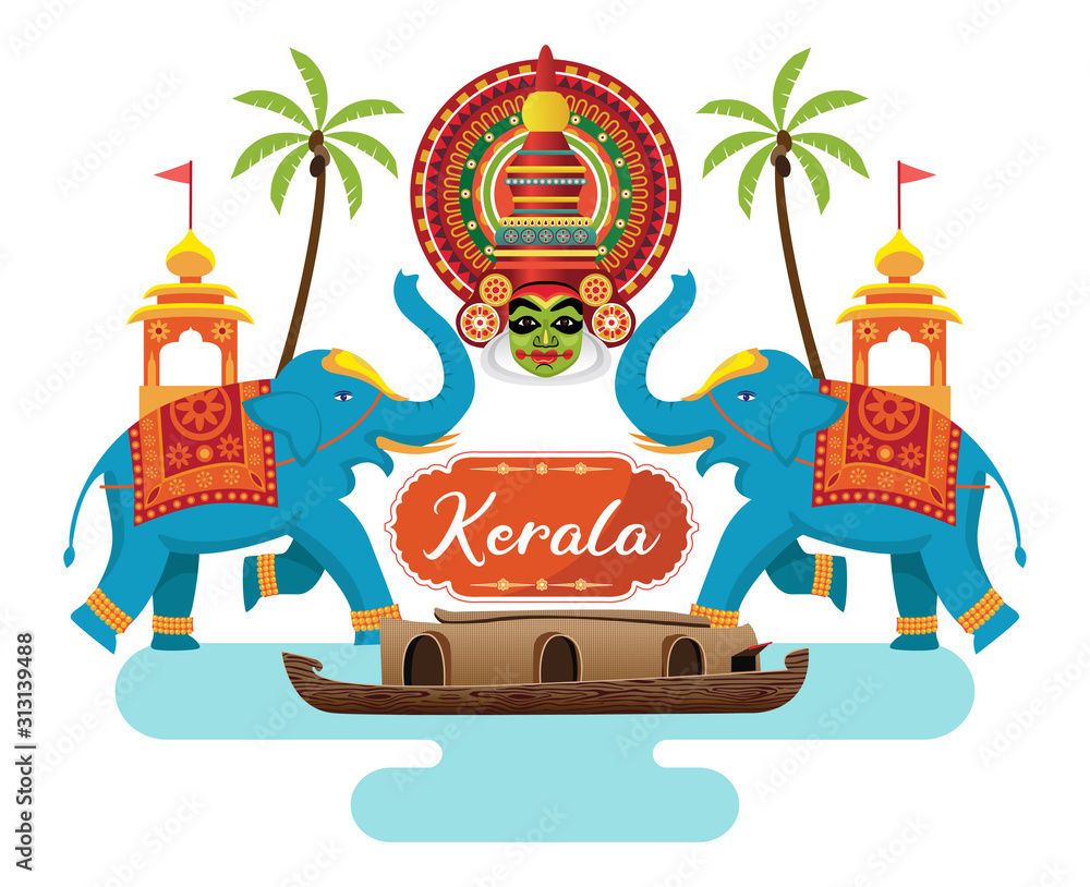 indian kerala design, houseboat with kathakali face and decorated elephant vector