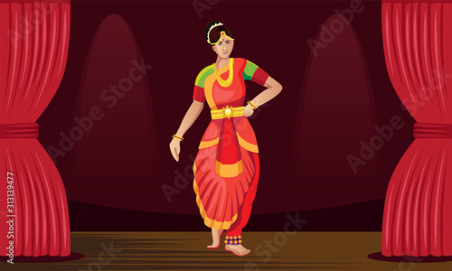 bharatnatyam woman dancer performing on stage vector photo