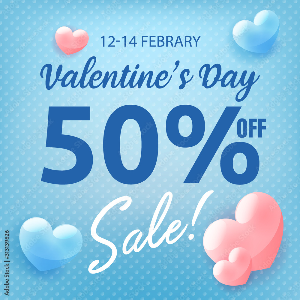 Φωτογραφία Valentines day shopping sale invitation poster, advertising banner with pink hearts on blue background, vector illustration