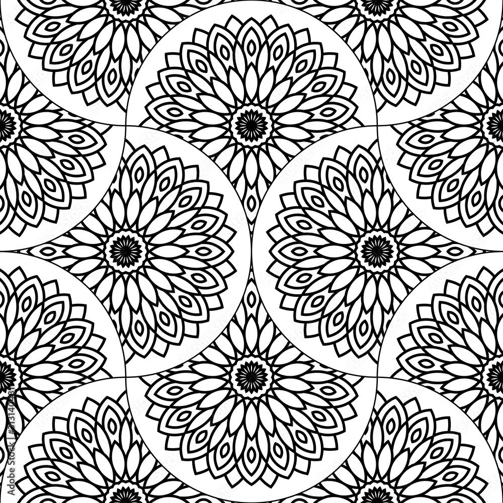 Fototapeta premium Abstract mandala fish scale seamless pattern. Ornamental tile, mosaic background. Floral patchwork infinity card. Arabic, Indian, ottoman motifs. Vector illustration. 
