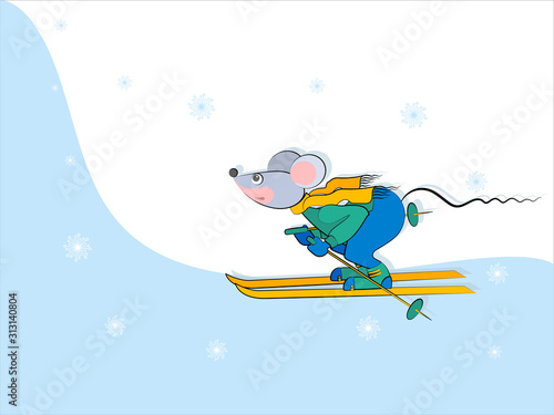 Skier mountain. Sports banner.  Mouse skier in motion. Funny cartoon character. Symbol of Chinese 2020 New Year. Vector illustration isolated on white, blue background with snowflakes.
