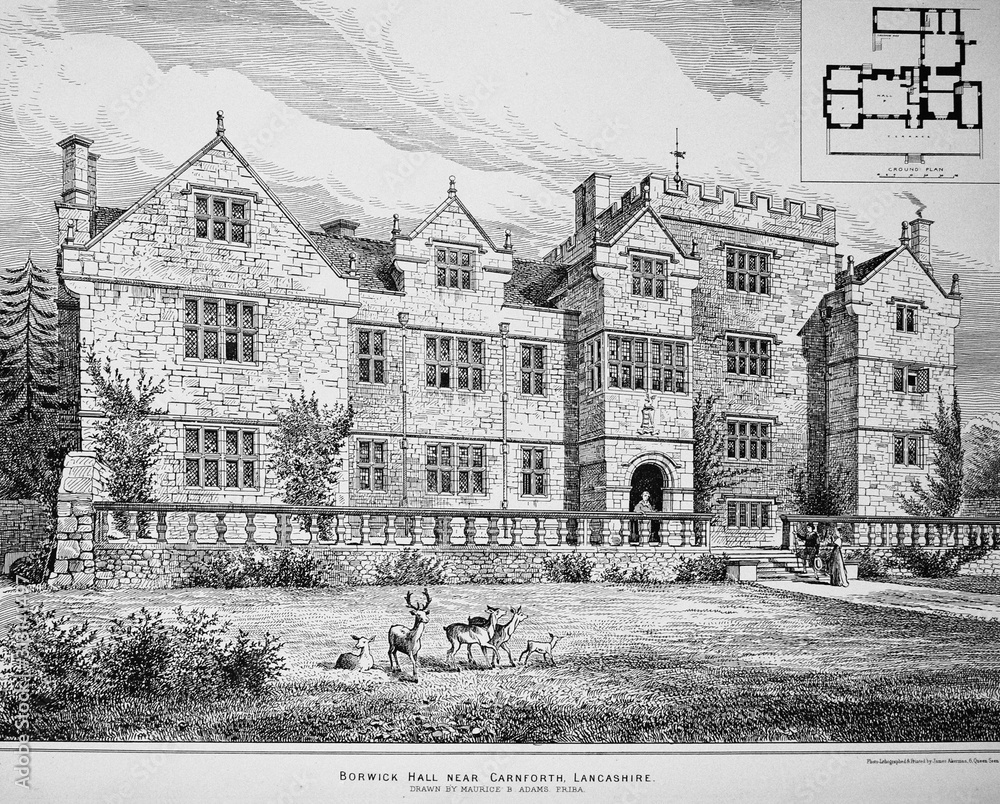 Borwick Hall House in a vintage book Old English Houses by Maurice Adams, 1888, London